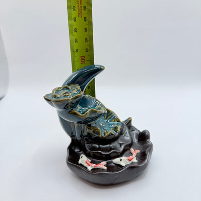 Teal Lotus & Koi Fish Ceramic Backflow Incense Burner