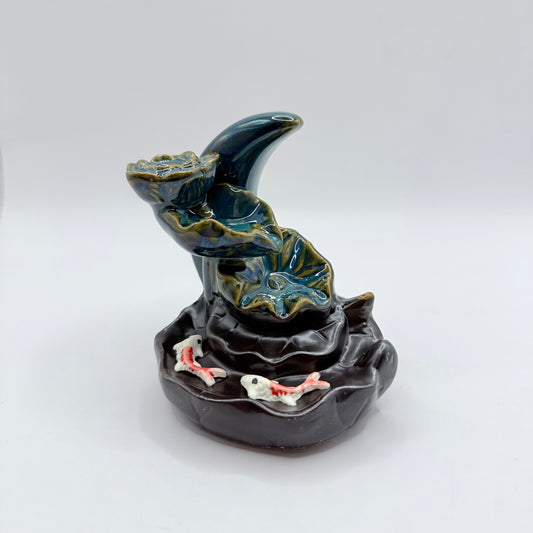 Teal Lotus & Koi Fish Ceramic Backflow Incense Burner