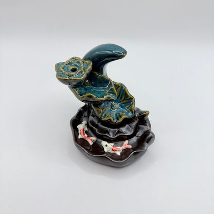 Teal Lotus & Koi Fish Ceramic Backflow Incense Burner