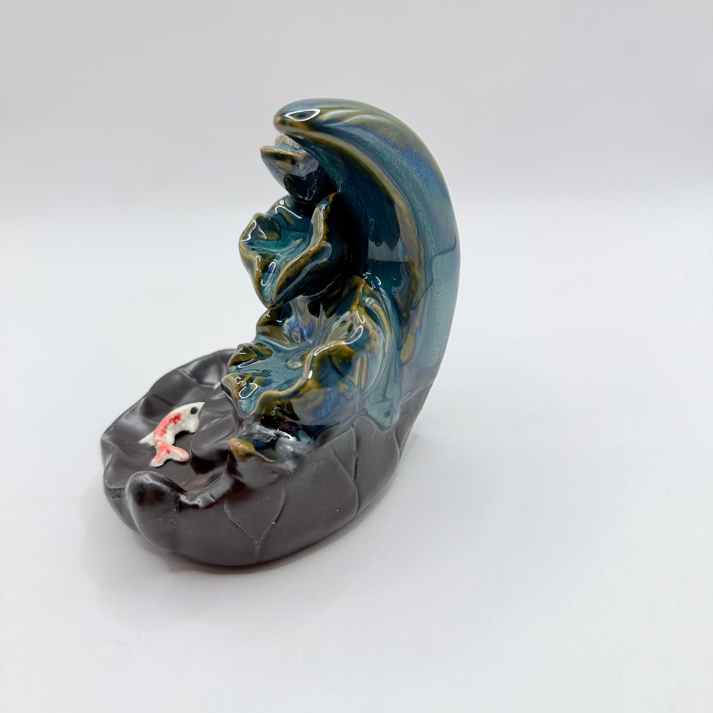 Teal Lotus & Koi Fish Ceramic Backflow Incense Burner