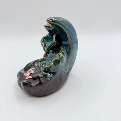 Teal Lotus & Koi Fish Ceramic Backflow Incense Burner