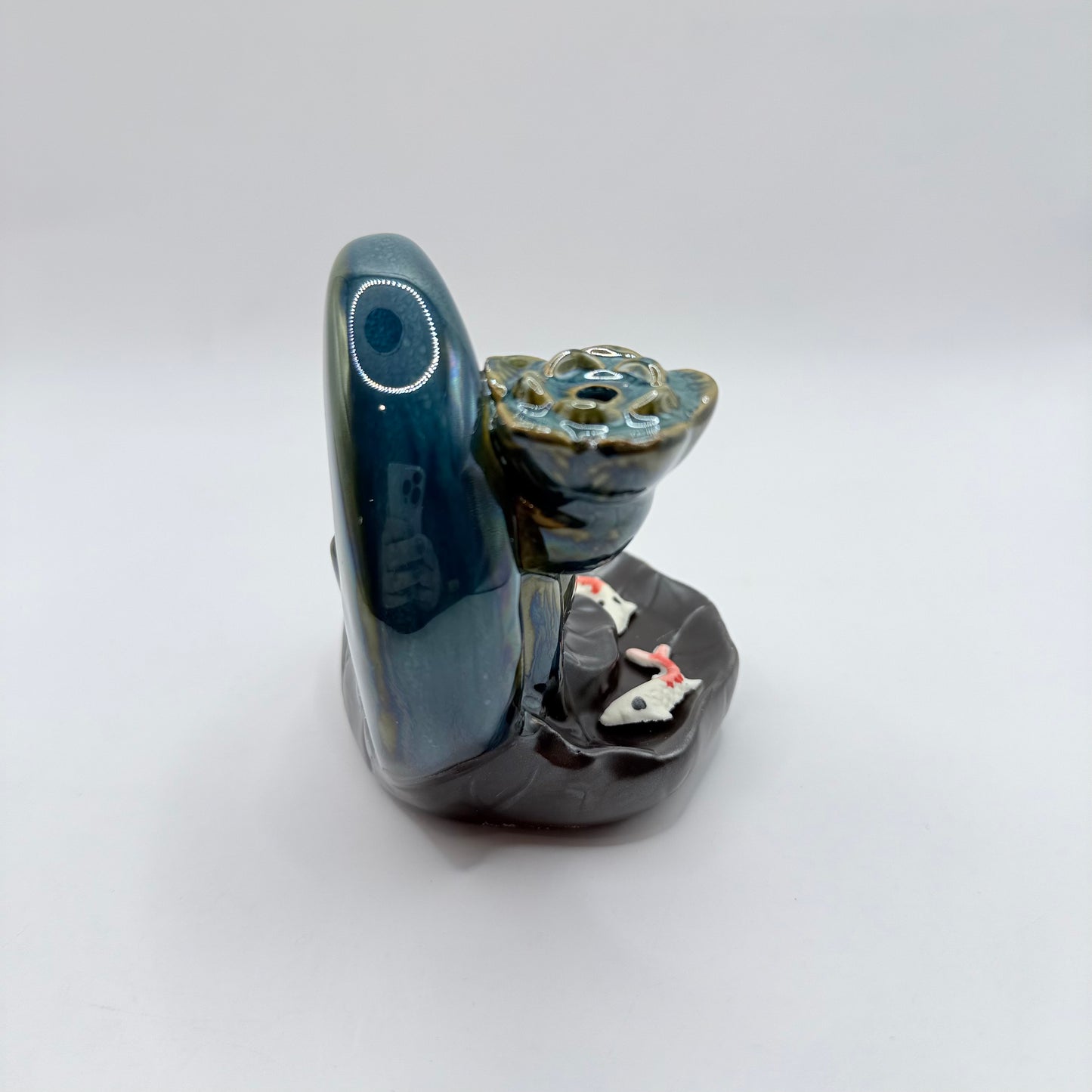 Teal Lotus & Koi Fish Ceramic Backflow Incense Burner