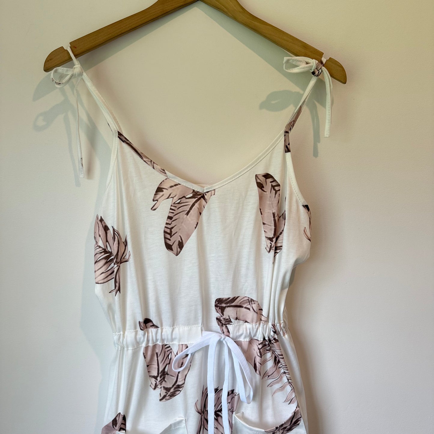 Tropical Leaf Print Tie-Shoulder Mini Dress - Size L