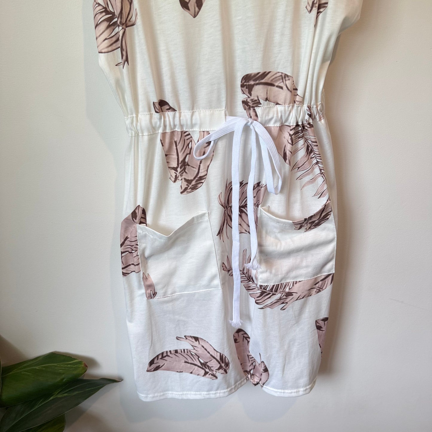 Tropical Leaf Print Tie-Shoulder Mini Dress - Size L