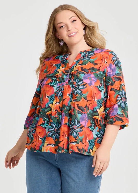 Virtuelle Sunkissed Days Cotton Summer Floral Pintuck Top - Size 12