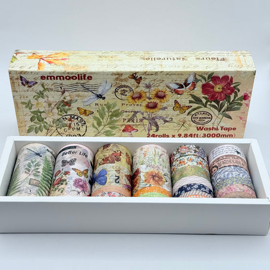 Vintage Botanical Washi Tape Set (24 Rolls, Ephemera Theme)