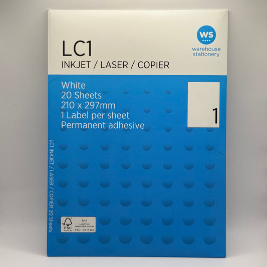 WS LC1 Full Sheet Permanent Labels A4 Inkjet/Laser/Copier