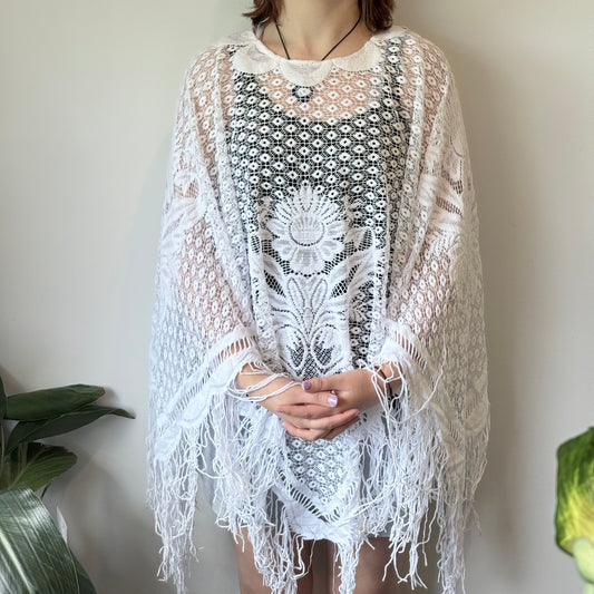 White Lace Fringe Boho Poncho