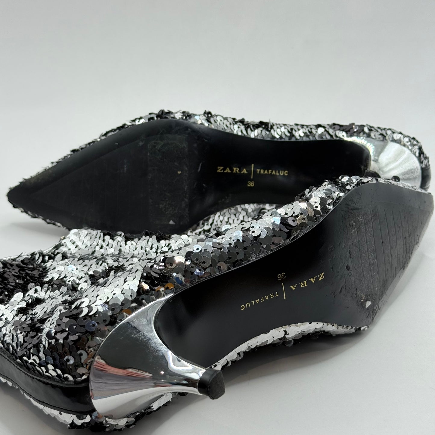 Zara Trafaluc Silver & Black Sequin Ankle Boots - Size 36