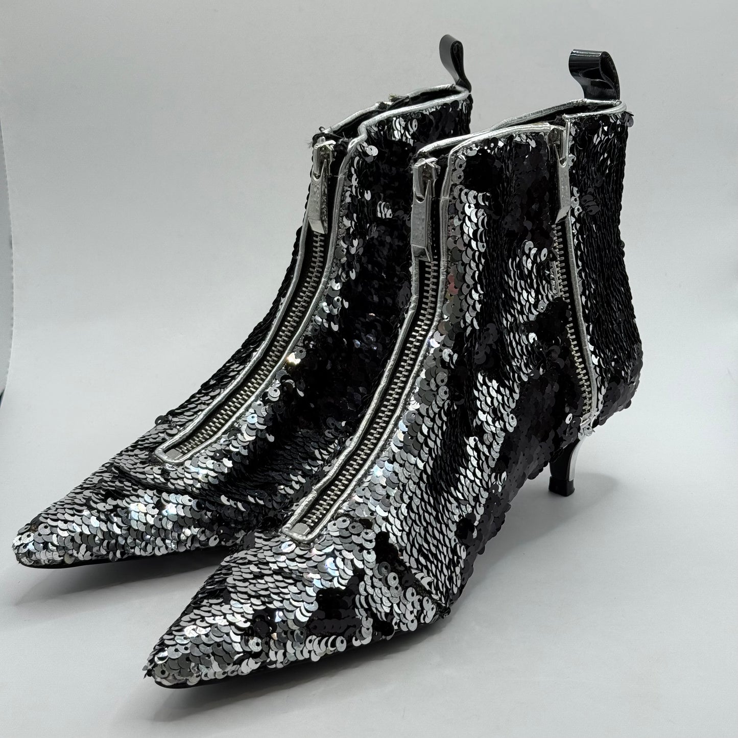 Zara Trafaluc Silver & Black Sequin Ankle Boots - Size 36