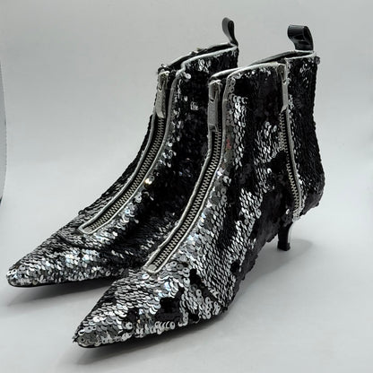 Zara Trafaluc Silver & Black Sequin Ankle Boots - Size 36
