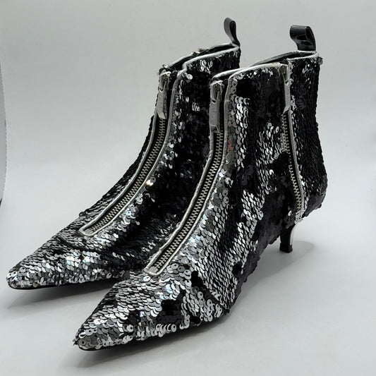 Zara Trafaluc Silver & Black Sequin Ankle Boots - Size 36