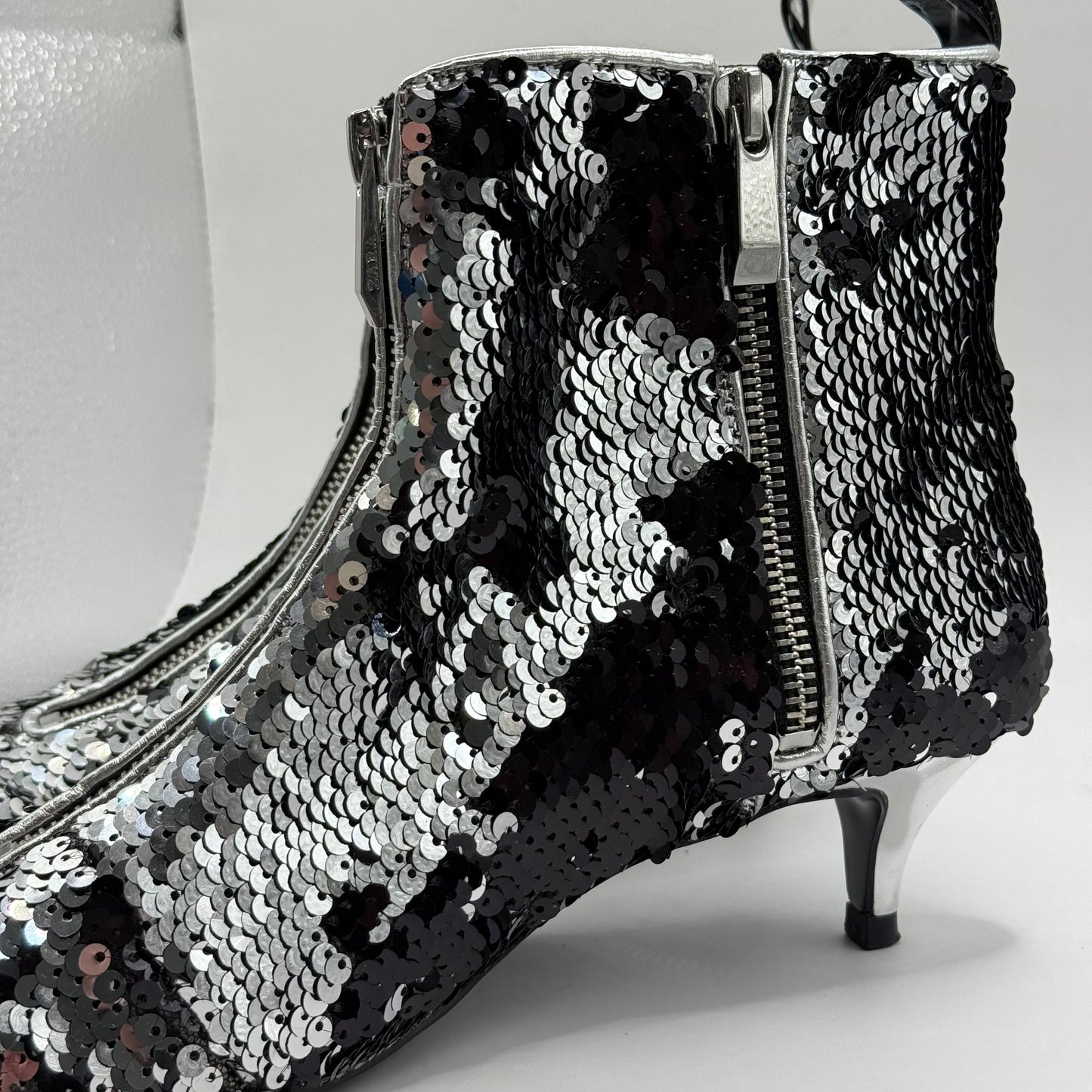 Zara Trafaluc Silver & Black Sequin Ankle Boots - Size 36