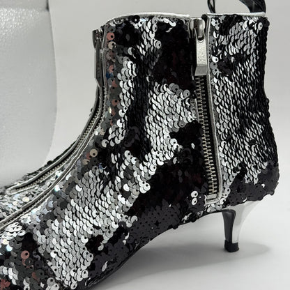 Zara Trafaluc Silver & Black Sequin Ankle Boots - Size 36