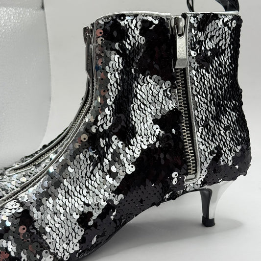 Zara Trafaluc Silver & Black Sequin Ankle Boots - Size 36