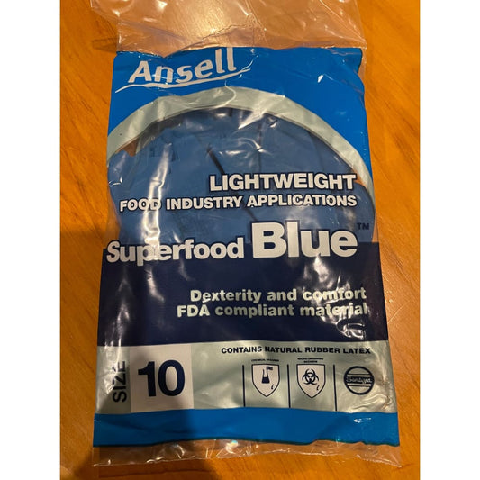 A package of blue Ansell Superfood Blue gloves in size 10.