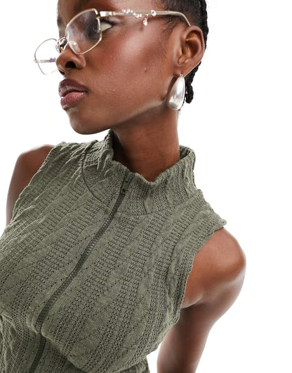 Asos design collusion cable knit zip funnel vest – khaki size 18 - vests top women’s apparel