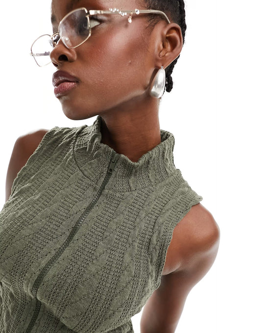 Asos design collusion cable knit zip funnel vest – khaki size 18 - vests top women’s apparel