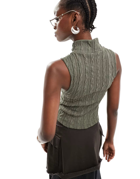 Asos design collusion cable knit zip funnel vest – khaki size 18 - vests top women’s apparel