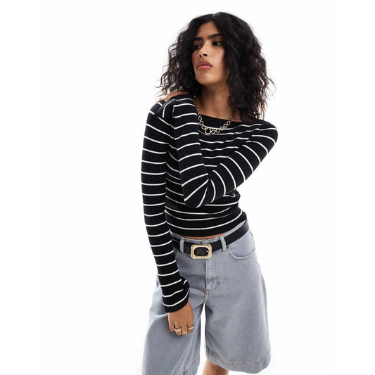 Asos design size l knitted top with boat neck in stripe - sweaters top women’s apparel