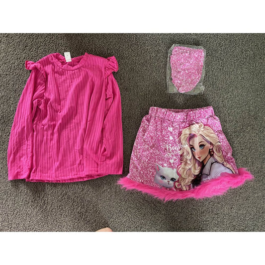 Shein size 6y sparkling pink barbie-themed skirt set with matching top and headband - outfit sets baby clothing