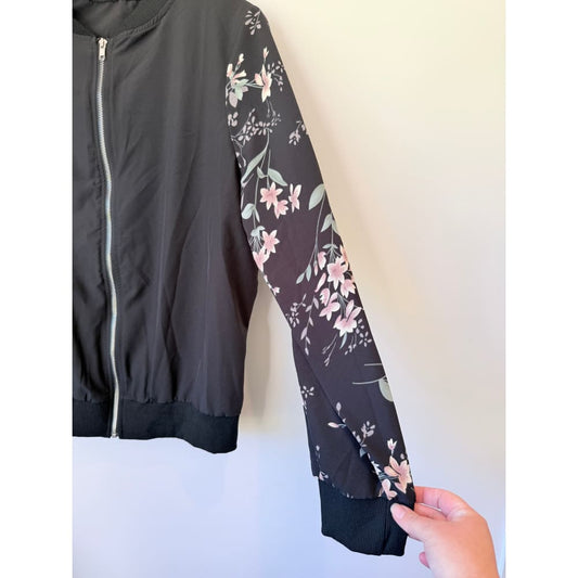 Black zip-up size xxl (16-18 fit) jacket with floral sleeves - coats & jackets top women’s apparel