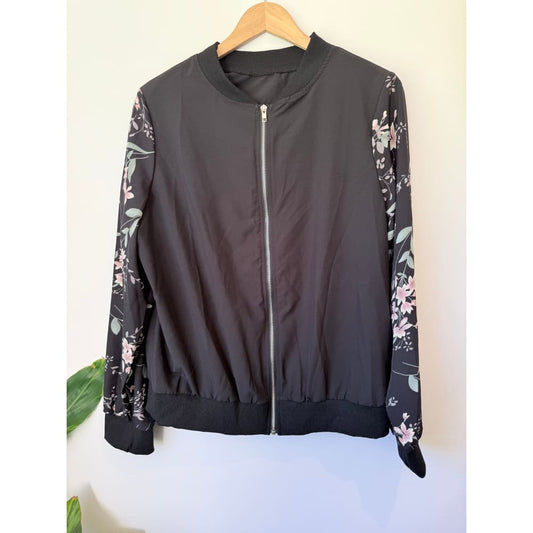 Black zip-up size xxl (16-18 fit) jacket with floral sleeves - coats & jackets top women’s apparel