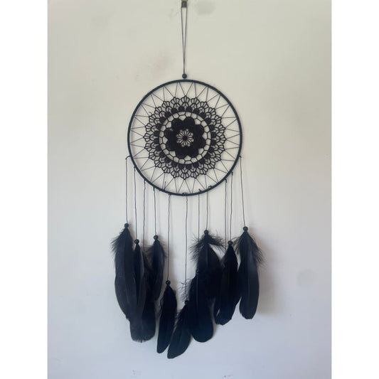 Black lace dreamcatcher with feather accents - dreamcatchers home & living - home decor - home decor & furniture