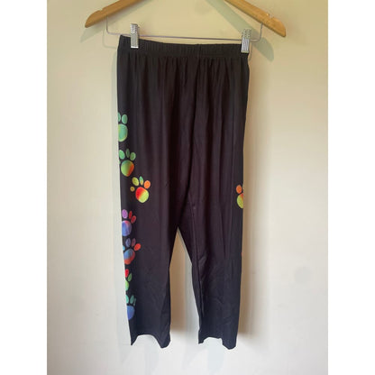 Black leggings size s with colorful paw print design - leggings bottom - clothing & fashion - leggings women’s apparel