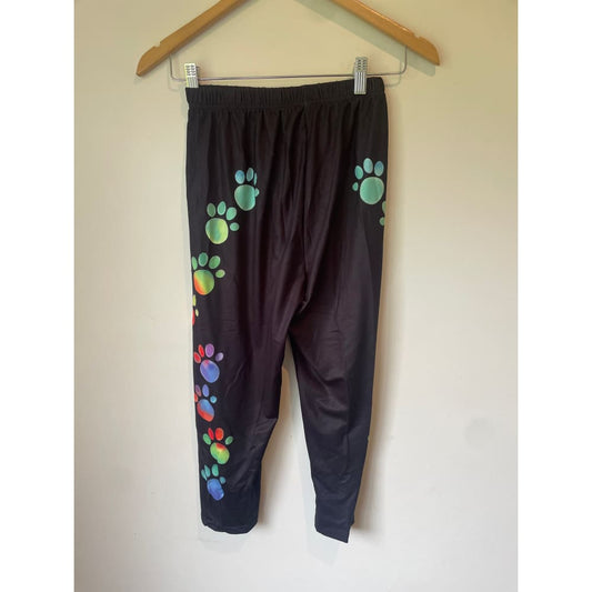 Black leggings size s with colorful paw print design - leggings bottom - clothing & fashion - leggings women’s apparel