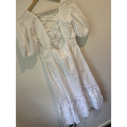 Blue vanilla size 12 v neck lace up back midi dress - dresses clothing & fashion - dresses women’s apparel