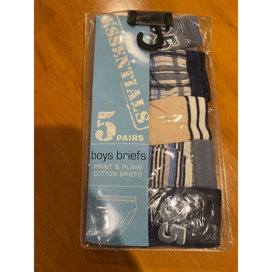 Pack of five pairs of boys' briefs in various prints and plain colors, packaged in clear plastic.