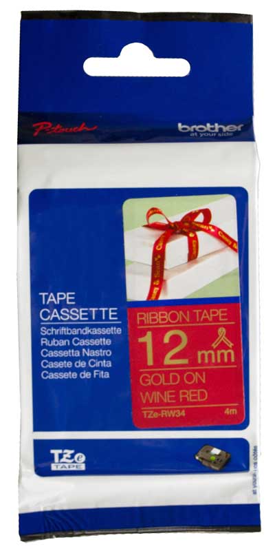 Brother tze-rw34 p-touch gold on wine red ribbon tape 12mm - label tapes & refill rolls stationery