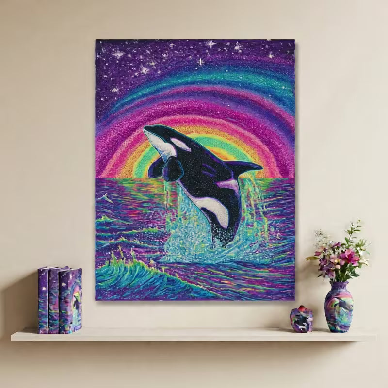 30x40cm  5D Glow-In-The-Dark Diamond Painting Kit – Rainbow Whale