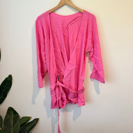 Carly harris magnolia wrap blouse – size 3 (nz 12 fit) – green & pink - pink - blouses top women’s apparel