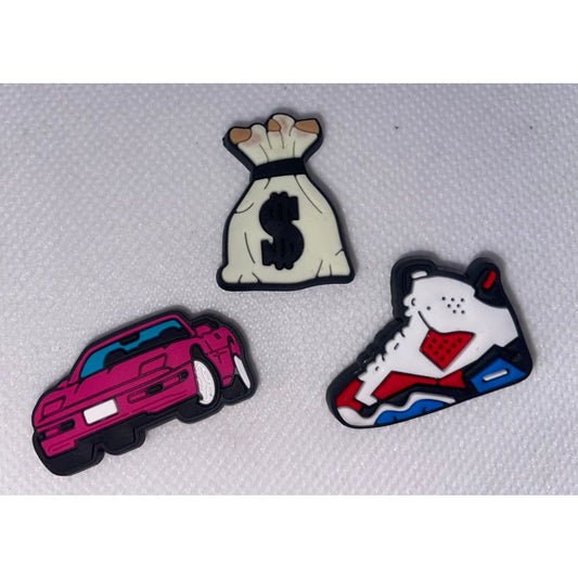 3x pink sports car & money bag & sneaker shoe charms - shoe accessories clogs - shoe accessories - shoe charms fashion