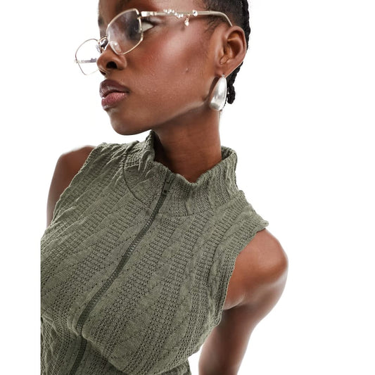 Asos design collusion cable knit zip funnel vest – khaki size 18 - vests top women’s apparel