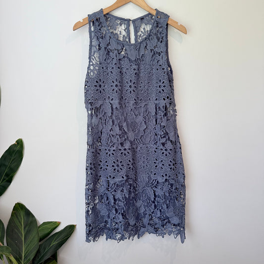 Cut label intricate lace mini dress - dusty blue - 42cm u/arm - dresses top women’s apparel