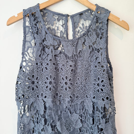 Cut label intricate lace mini dress - dusty blue - 42cm u/arm - dresses top women’s apparel