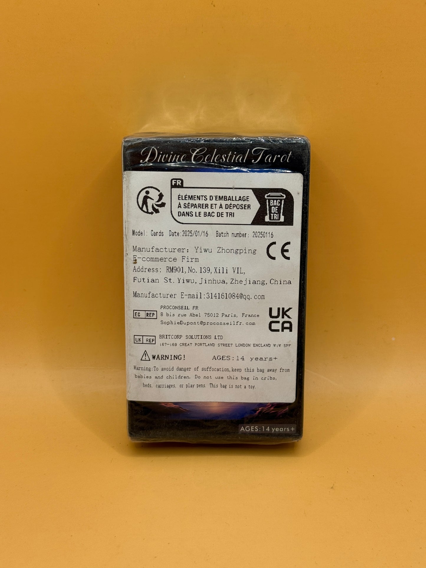 Divine Celestial Tarot 78-card deck back packaging