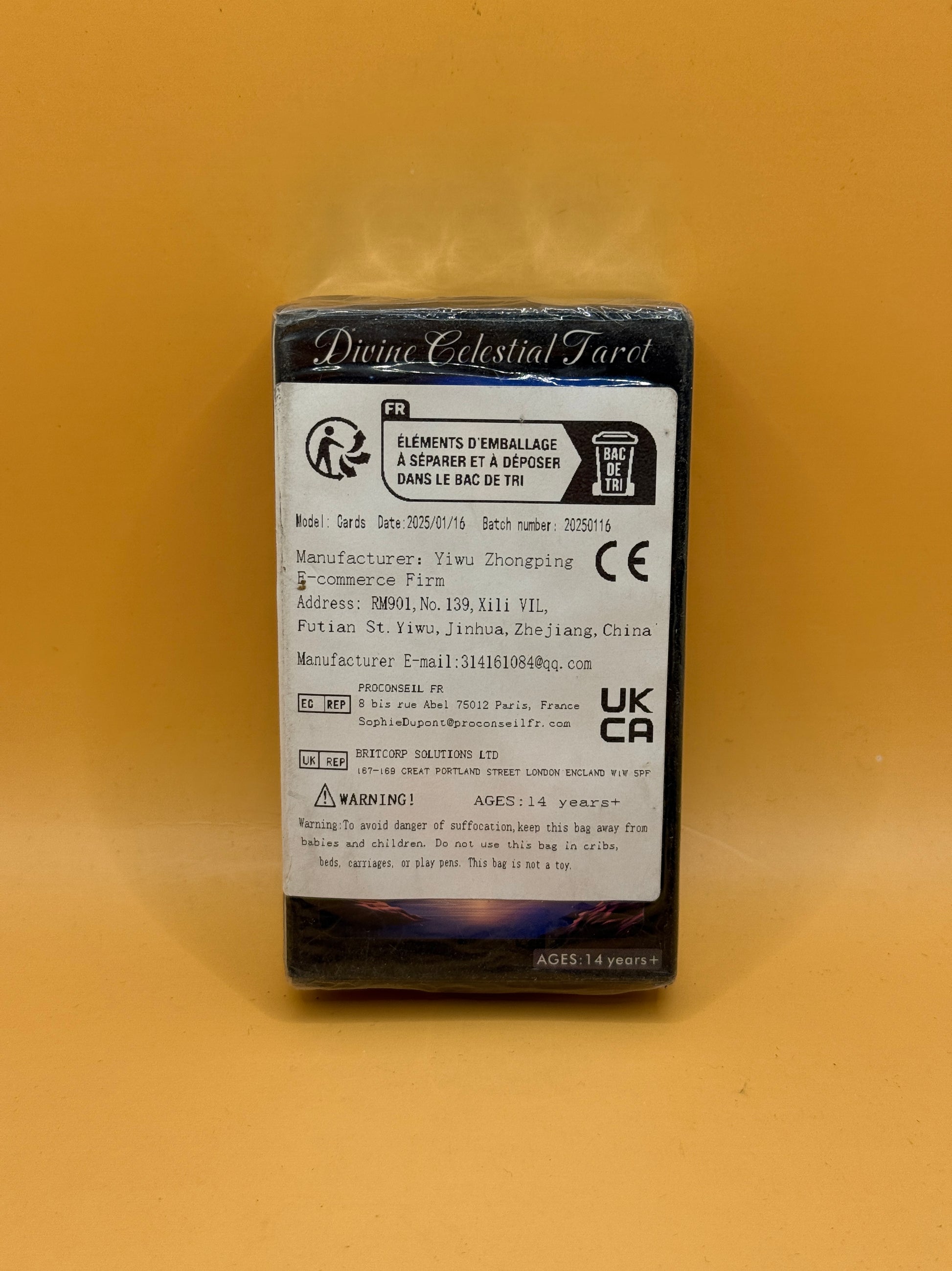 Divine Celestial Tarot 78-card deck back packaging
