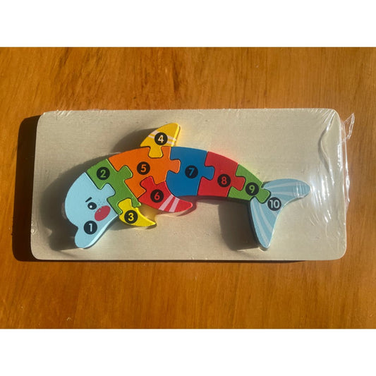 Colorful wooden number puzzle – dolphin & police car – fun learning toy - wooden & pegged puzzles toys