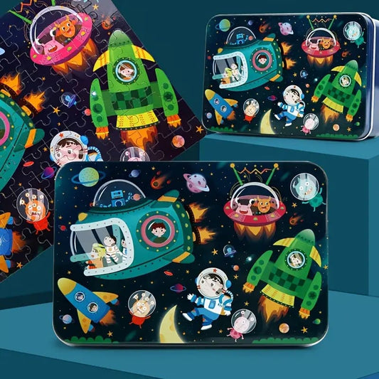 100 pc space astronaut puzzle with tin box - wooden & pegged puzzles toys