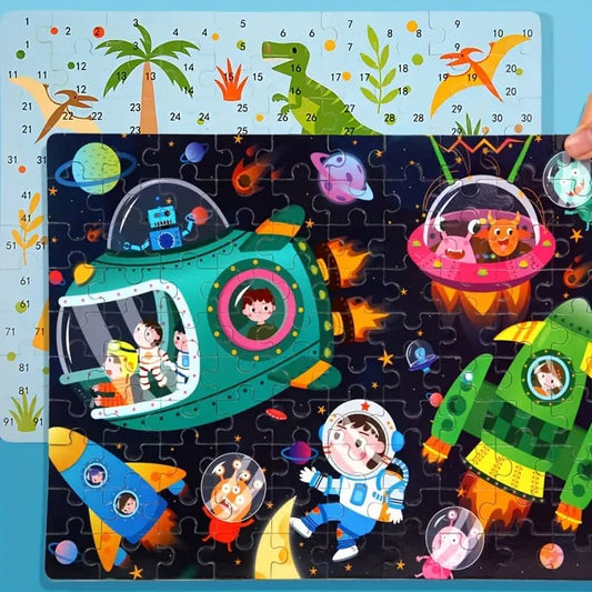 100 pc space astronaut puzzle with tin box - wooden & pegged puzzles toys