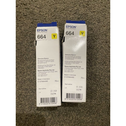 2x genuine epson 664 yellow ink bottles – brand new – bb 2026 – box damaged - toner & inkjet cartridges cartridges