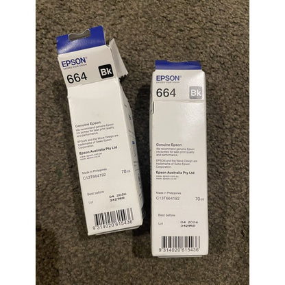 2 x genuine epson 664 black ink bottles – brand new – bb 2026 – damaged box - toner & inkjet cartridges cartridges