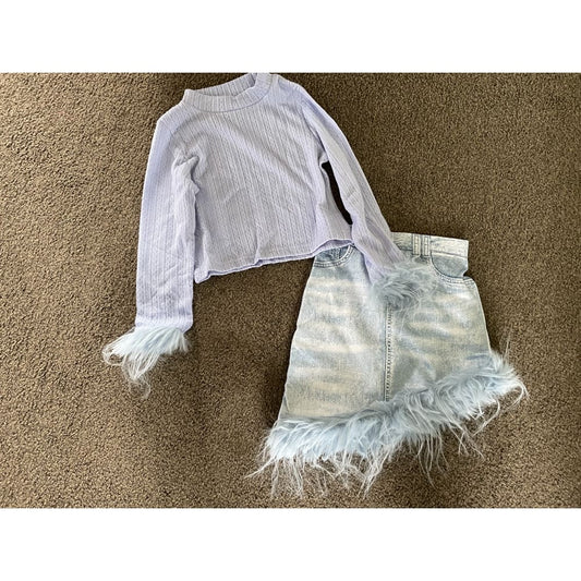 Shein size 6y stylish pastel knit top & feather-trimmed denim skirt set - outfit sets baby clothing - kids - set