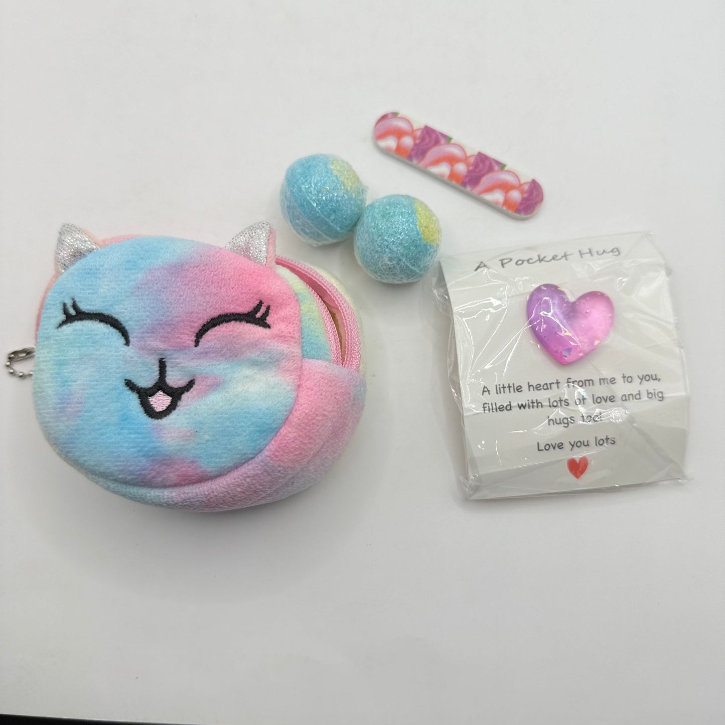 Fun & sweet little treats gift bundle – adorable cat purse bath bombs & pocket hug set! - toy gift baskets toys