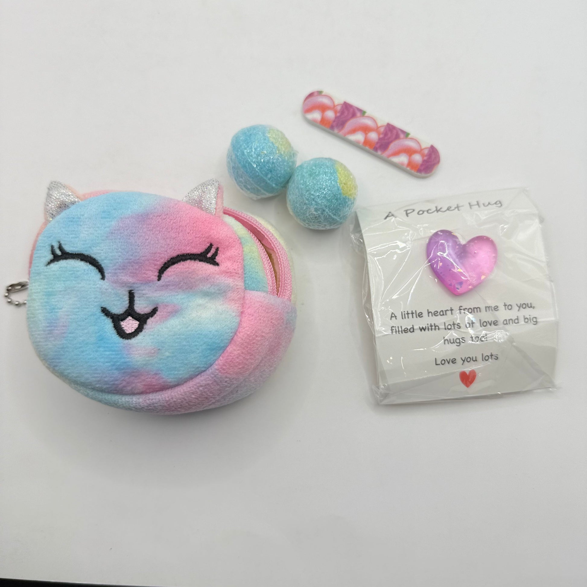 Fun & sweet little treats gift bundle – adorable cat purse bath bombs & pocket hug set! - toy gift baskets toys