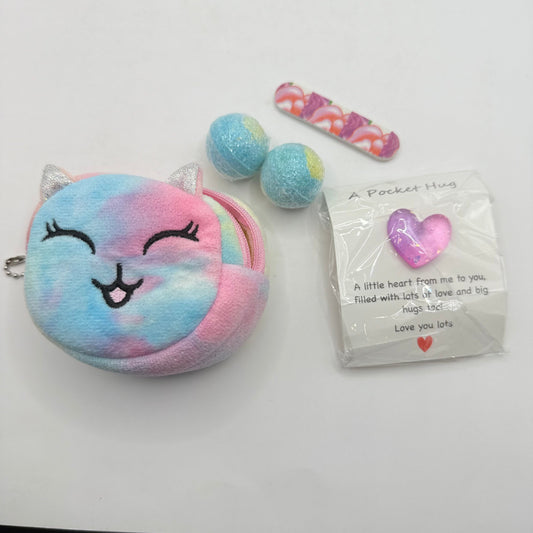 Fun & sweet little treats gift bundle – adorable cat purse bath bombs & pocket hug set! - toy gift baskets toys
